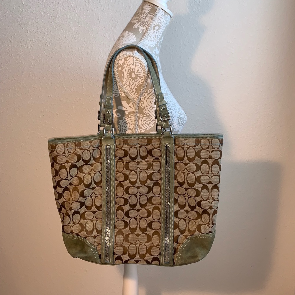 COACH 8K53 Signature w Blue Suede Beaded Trim Tote